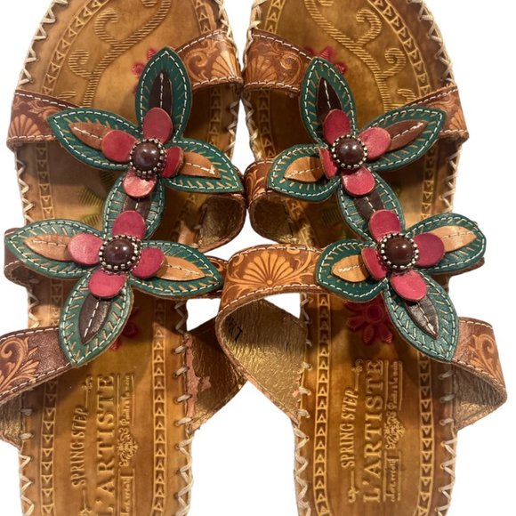 L' Artiste Spring Step Lynnie Sandals 37 US Size 7 Floral Leather Wedge - Picture 1 of 8
